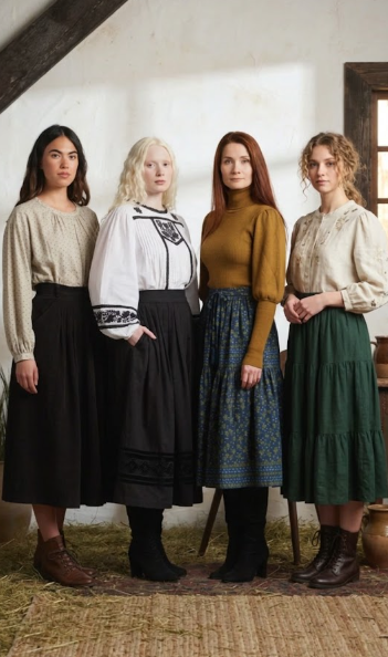 Autumn outfits featuring moss green and sage skirts, green corduroy midi skirts, cream knitwear and chestnut ankle boots.